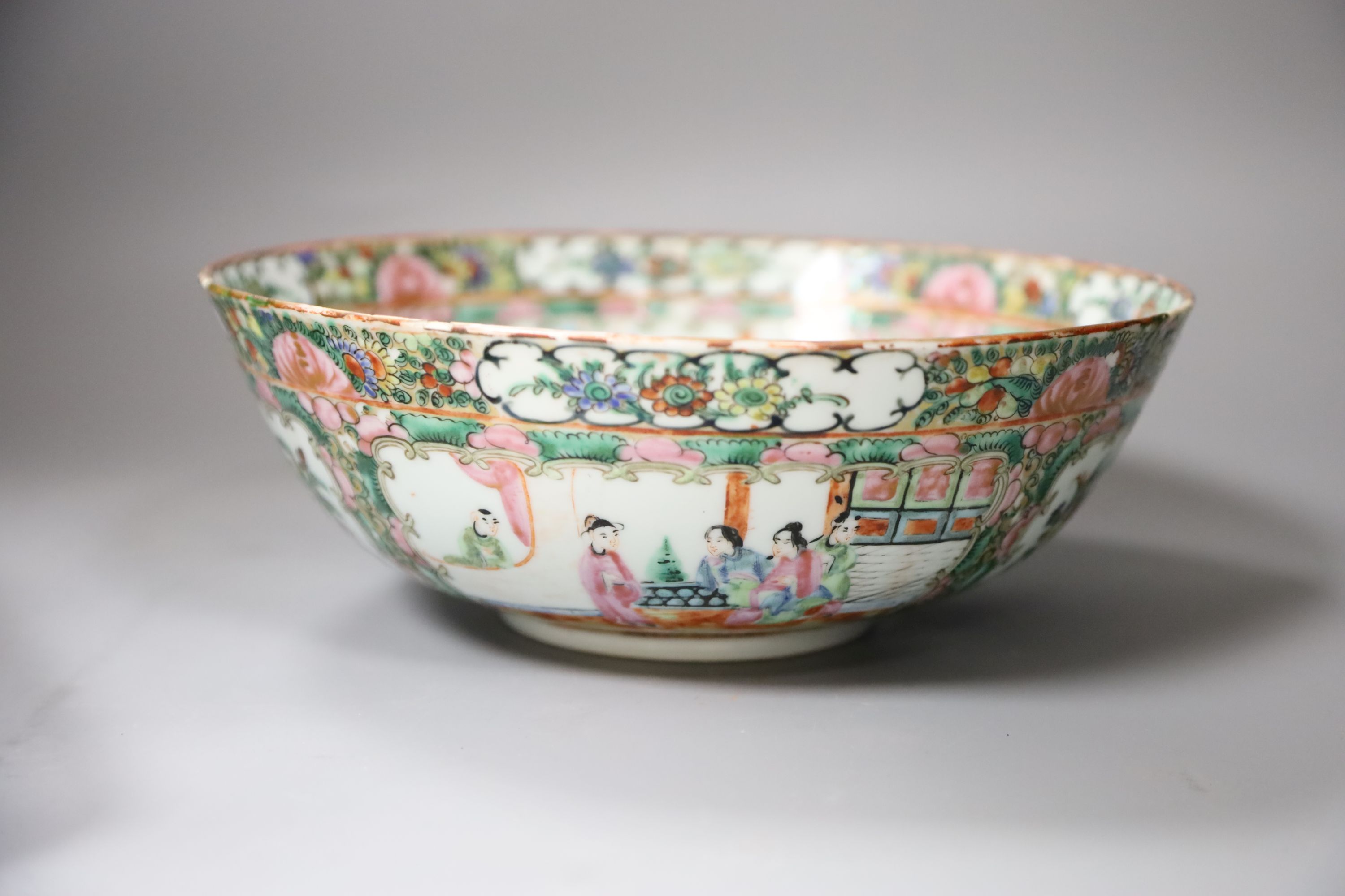 A late 19th century Cantonese famille rose bowl and a Royal Winton lustreware bowl, diameter 26cm